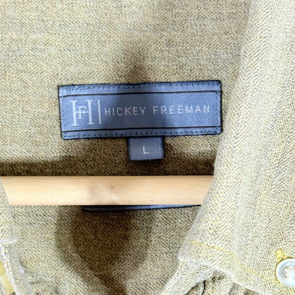 Hickey Freeman Men Large Button Down Long Sleeve Mustard Herringbone Dress Shirt - Picture 6 of 7